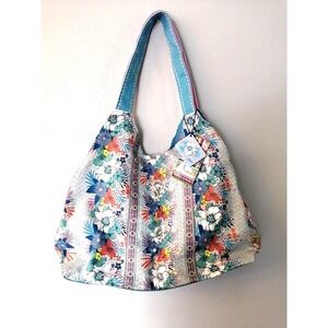 Sun 'N' Sand Womens Tote Blue Floral‎ XL Fabric Snap Close Double Handles NEW